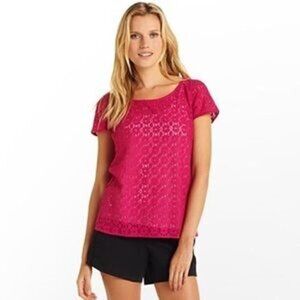 Lilly Pulitzer sz S Hot Pink Poppy Floral Sheer Lace Short Sleeve Top Fuchsia